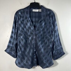 Womens Vintage Giorgio Fiorlini Satin Plaid Button Dress Blouse Blue Black L